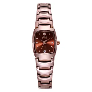 Elegant roségoudkleurig tonneau-horloge voor dames met bruine wijzerplaat en datum