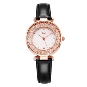 Orologio da donna oro rosa con cristalli rosa e cinturino in pelle nera
