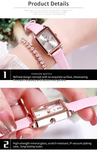 Details der quadratischen roségoldenen Quarzuhr mit rosa Lederarmband und Mineralglas