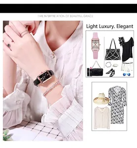 Detailansicht einer rechteckigen Quarzuhr mit Lederarmband und roségoldenem Gehäuse am Handgelenk