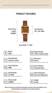 Dimensiones detalladas del reloj retro cuadrado para mujer con correa de cuero