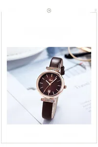 Detail of Gedi quartz watch with dark brown leather strap and diamond-encrusted case