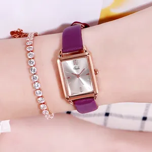 Damen Vintage-Uhr in Roségold mit lila Lederarmband und passendem Kristall-Tennisarmband