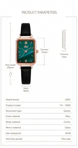 Detailed dimensions of rectangular quartz watch with green malachite dial and black strap