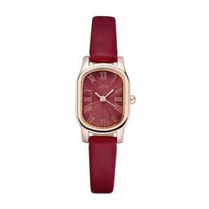 Elegant retro oval quartz watch with burgundy leather strap and rose gold metal case