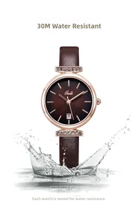 Rose gold women's watch with date window and water splash effect showing 3ATM resistance