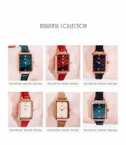 Close-up of Gedi square quartz watches for women with leather straps in multiple colors