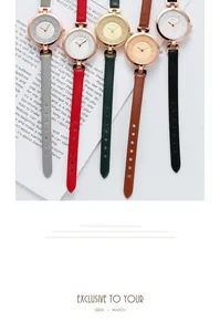 Flat lay of elegant women's quartz watches with slim leather straps in five assorted colors