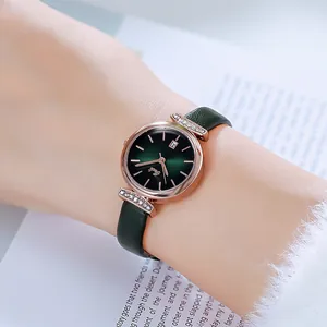 Elegant green leather strap watch for women with rose gold case and diamond bezel