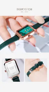 Detail of rectangular rose gold watch with malachite dial and green leather strap