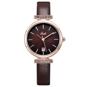 Elegant women's quartz watch with rose gold case, brown gradient dial and date display