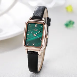 Women Vintage Rectangular Quartz Watch Alloy Case Leather Strap Malachite Texture Dial Waterproof Elegant Style Wristwatch