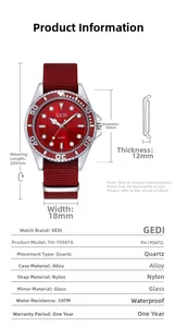 Spécifications de la montre quartz étanche avec bracelet nylon rouge et cadran 38mm