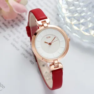 GEDI fashion women's watch with rose gold case and red leather strap on magazine