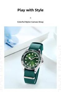 Détail de la montre GEDI à quartz avec cadran vert forêt et bracelet NATO en nylon