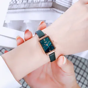 Elegant British style rectangular watch with malachite texture dial and green leather strap