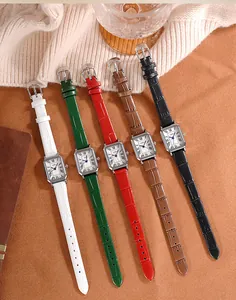 Detail view of five colors of crocodile texture leather straps on square quartz watches