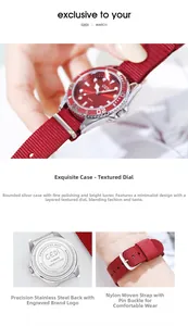 Détails de la montre GEDI étanche avec bracelet en nylon rouge et boîtier en acier inoxydable