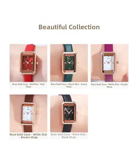 Collection de montres quartz pour femmes avec boîtier rectangulaire or rose et cuir