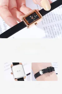 Détails d'une montre à quartz carrée avec bracelet en cuir noir et dos de boîtier en acier
