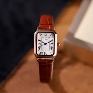 Elegant vintage rectangular GEDI watch with rose gold case and brown leather strap