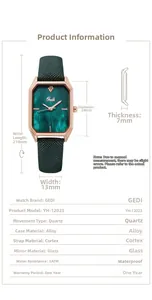 Detailed specifications of the square green marble dial watch with a leather strap