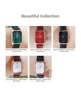 Detail view of five trendy square ladies watches with rose gold cases and leather straps