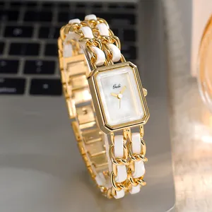 Elegant Gedi rectangular watch with gold metal chain and white leather woven bracelet strap