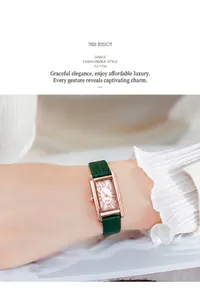 Detail einer rechteckigen Roségold-Uhr mit grünem Lederarmband am Handgelenk einer Frau
