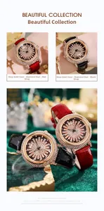 Montre de luxe pour femme en or rose avec lunette diamantée et bracelet en cuir rouge