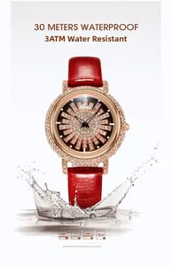 Détail d'une montre de luxe dorée avec diamants et bracelet en cuir rouge sous l'eau