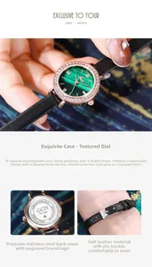 Détail de la montre GEDI avec boîtier rose doré serti de diamants et cadran en malachite