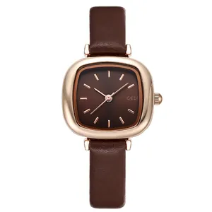 Elegante GEDI Damen-Quarzuhr mit quadratischem Roségold-Gehäuse und braunem Lederband