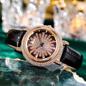 Gedi Montre à Quartz pour Femmes avec Strass de Luxe Boîtier en Alliage Étanche Bracelet en Cuir Montre-Bracelet Analogique Bijoux de Luxe
