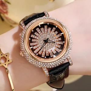 Montre de luxe pour femme en or rose avec cadran serti de diamants et bracelet en cuir
