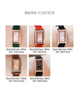 Collage aus rechteckigen Quarzuhren mit Roségold-Gehäuse und Lederarmbändern in verschiedenen Farben