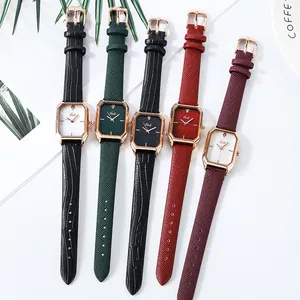 Fashionable square quartz watch for women with leather strap in five elegant colors