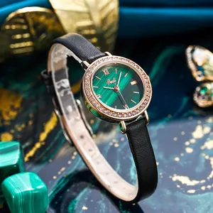 Montre à Quartz Élégante pour Femme Avec Lunette en Strass Cadran Texture Malachite Bracelet en Cuir Montre-Bracelet de Mode Étanche