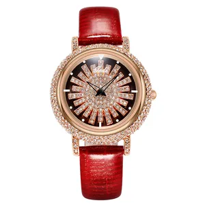Montre de luxe rose dorée pour femme avec diamants brillants et bracelet en cuir rouge