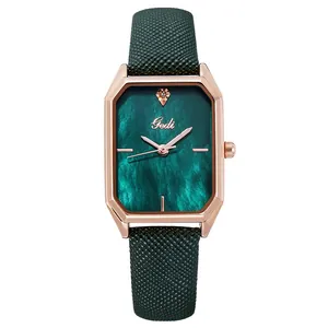 Fashionable women's square watch with rose gold case and dark green marble dial