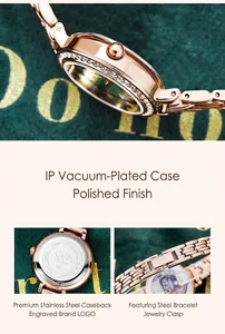 Detail view of rose gold quartz watch with rhinestone casing and engraved steel case back
