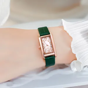 Damen Vintage-Armbanduhr mit smaragdgrünem Lederband und roségoldenem Gehäuse