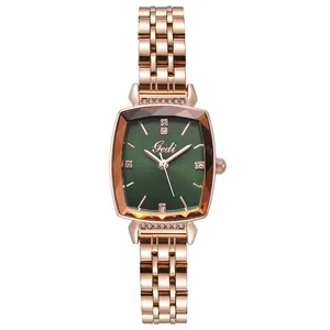 Gedi women's quartz watch with rose gold strap and emerald green rectangular dial