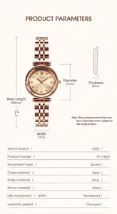 Diagrama detallado del reloj de cuarzo en oro rosa con esfera de 27mm y correa de acero