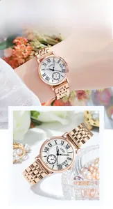 Detail of rose gold stainless steel watch featuring a white Roman dial with calendar display
