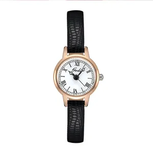 Petite montre à quartz vintage Gedi pour femme avec boîtier or rose et bracelet en cuir noir