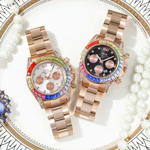 GEDI Women's rose gold quartz watch with rainbow crystal bezel and diamond accents