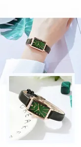 Nahaufnahme der GEDI Retro-Rechteckuhr mit grünem Zifferblatt und Lederarmband