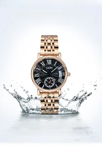 Detail showing 30M water resistance of this elegant rose gold steel quartz watch