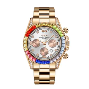 GEDI luxury rose gold watch with rainbow gemstone bezel and silver chronograph dial